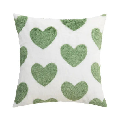 White throw pillow cover with soft fuzzy sage green heart patterns from decorbites fluffy comfort pillow collection