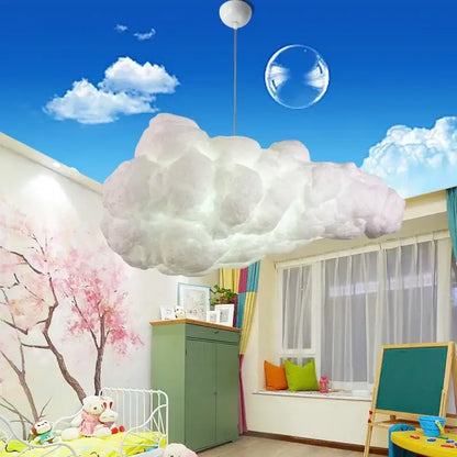 Fluffy white cloud chandelier pendant light made of soft material hanging in a dining room by decorbites