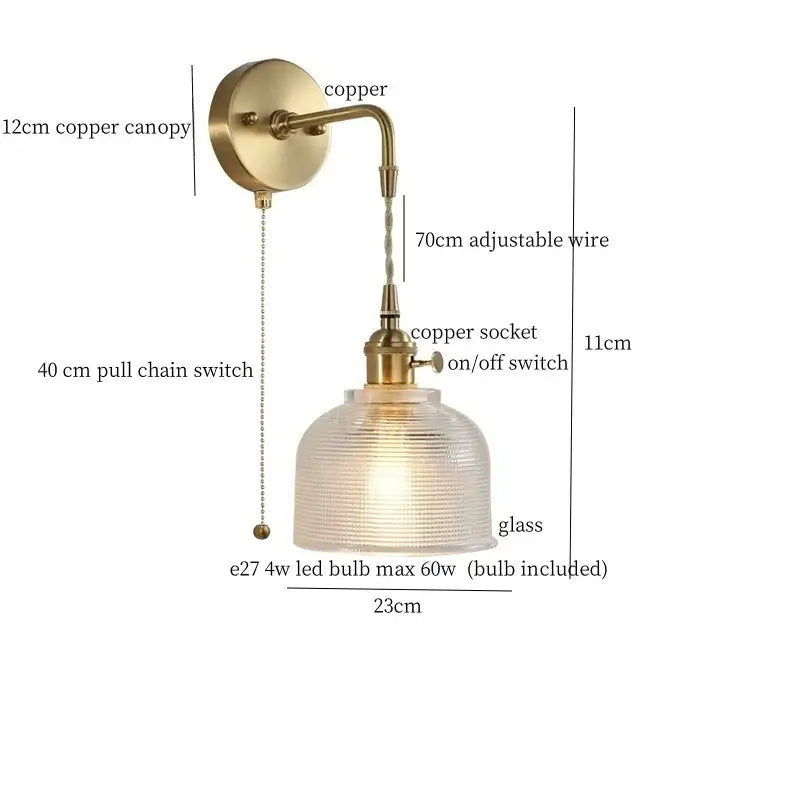 Antique brass finish copper wall sconce with textured glass shade and adjustable wire decorbites brass glass led lighting