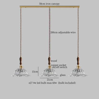 Fluted glass led pendant lamp with three clear flower petal shades brass iron canopy copper sockets and wooden accents
