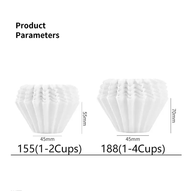 Fluted white disposable paper coffee filters in two sizes labeled 1-2 cups and 1-4 cups by decorbites coffee filters
