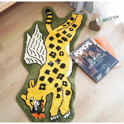 A plush olive green flying tiger leopard hand tufted rug shaped like a leaping yellow tiger leopard for bedroom decor