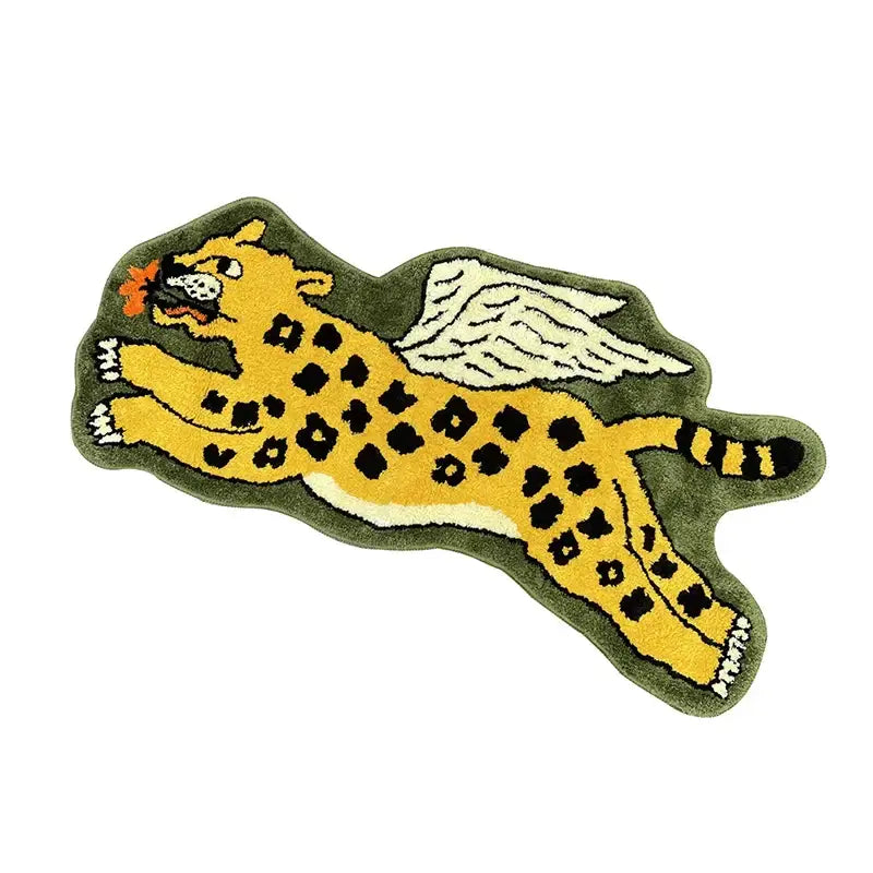 A plush olive green flying tiger leopard hand tufted rug with yellow fur and black spots for bedroom decorbites decor