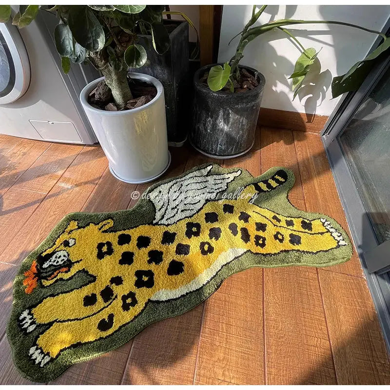 A plush yellow flying tiger leopard hand tufted rug with black spots and white accents on wooden floor decorbites flying tiger