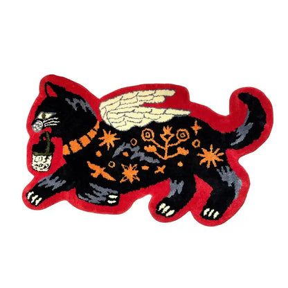 A flying tiger leopard hand tufted olive green rug featuring a plush winged black cat with orange and gray patterns outlined in red