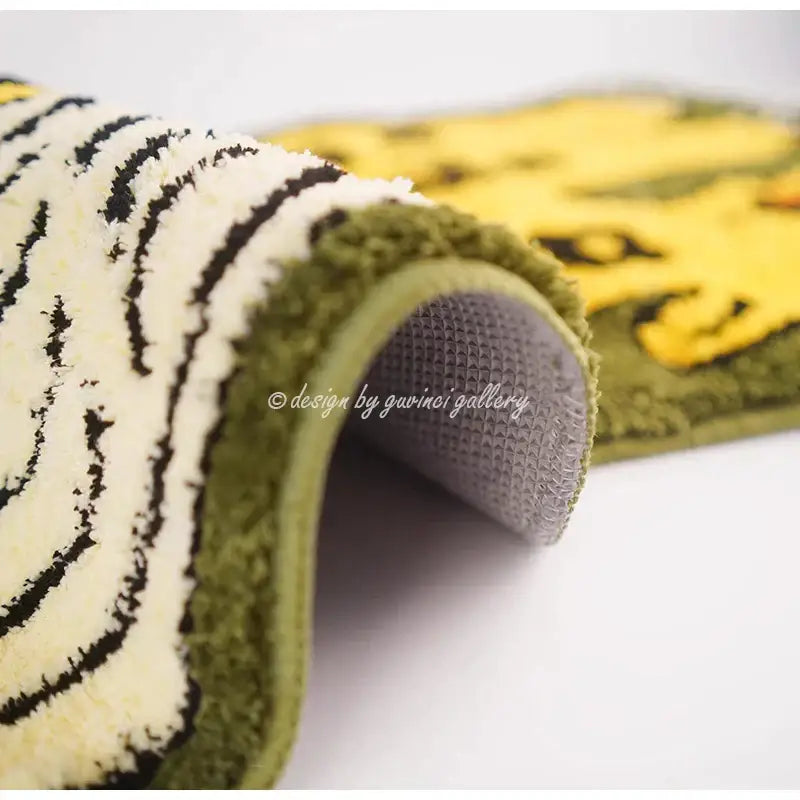 A plush flying tiger leopard hand tufted olive green rug with zebra stripes and a vibrant yellow lion design for bedroom decorbites flying tiger