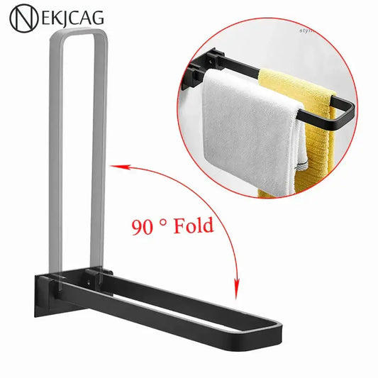 Foldable black and silver aluminum towel rack with single layer and 90-degree hinge by decorbites for bathroom use