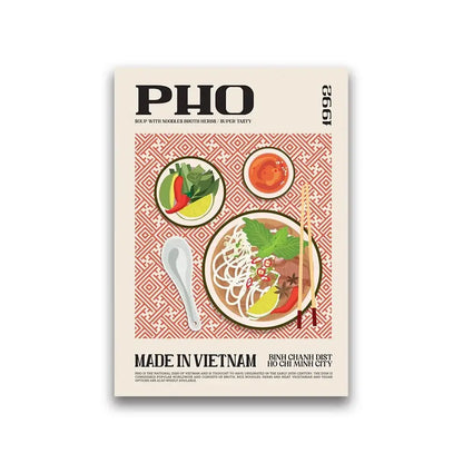 Decorbites™ foodie canvas wall art print featuring a vintage-style painting of pho with herbs and lime slices on canvas