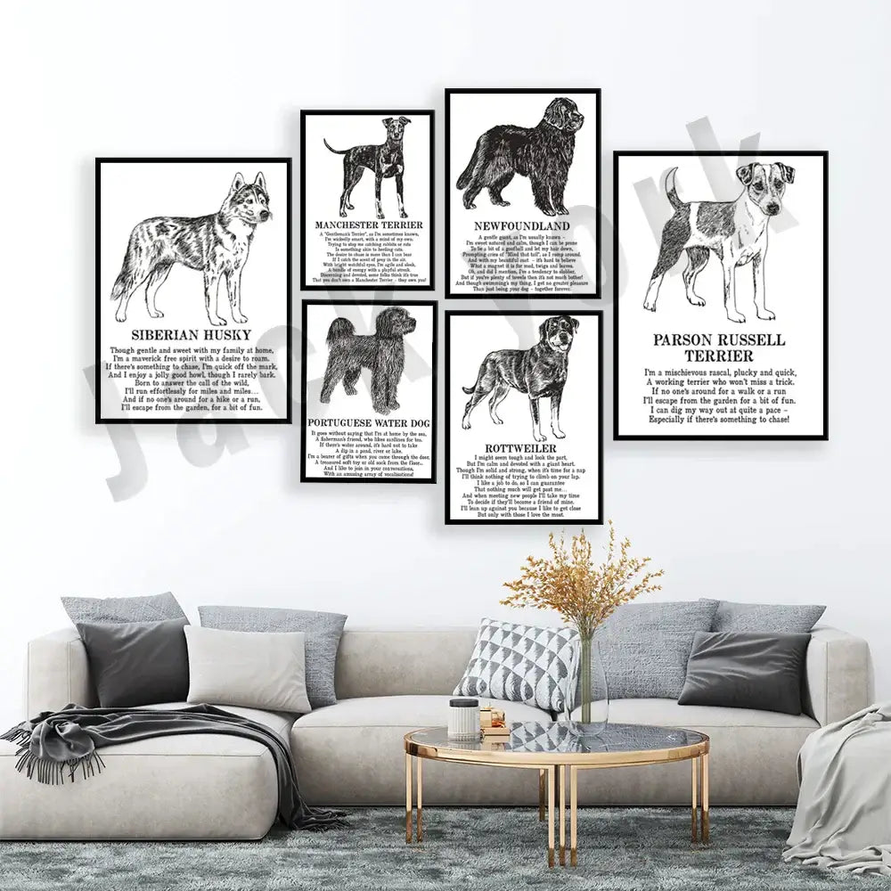 Set of seven framed black and white dog breed poetry posters featuring different breeds for living room decorbites dog breed decor