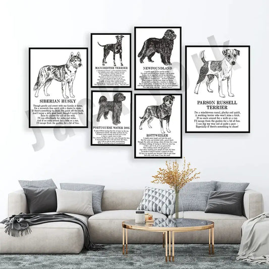Set of seven framed black and white dog breed poetry posters featuring different breeds for living room decorbites dog breed decor