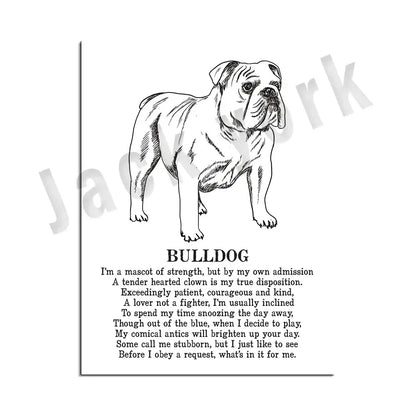 Framed black and white bulldog illustration with dog poetry beneath in a dog poetry poster for living room wall art