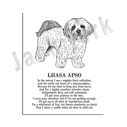 Framed black and white dog poetry poster featuring detailed lhasa apso line art for living room wall art