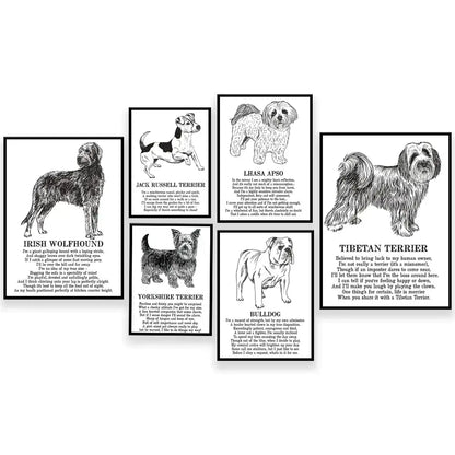 Set of six framed black and white dog poetry posters with detailed illustrations for living room wall art decor