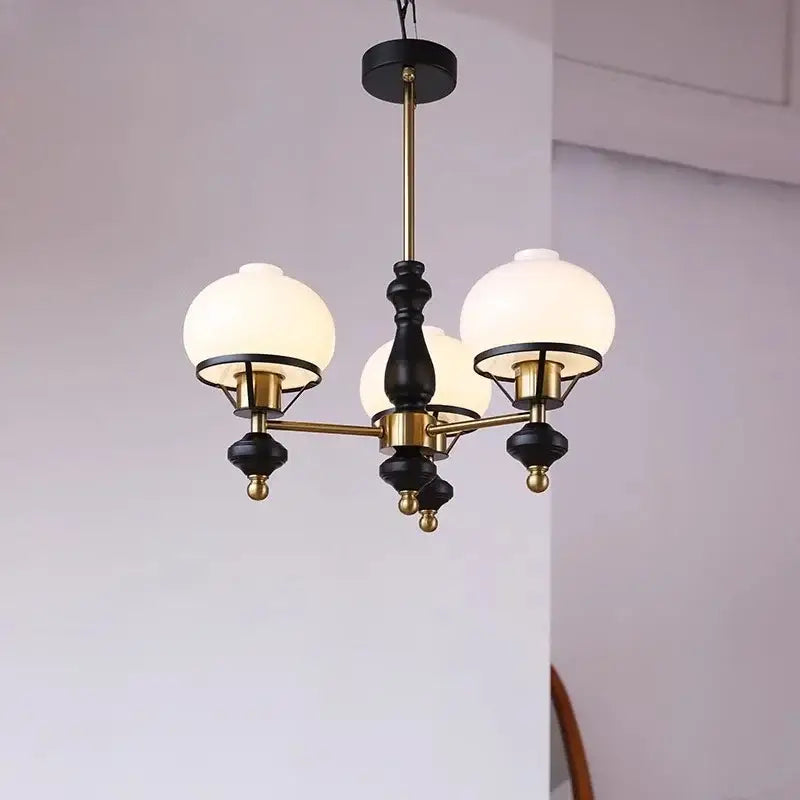 Black and brass vintage french bauhaus ceiling chandelier with three frosted glass globe shades for bedroom decorbites french bauhaus