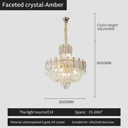 Faceted crystal-amber french bead chain chandelier with electroplated gold and k9 crystal for dining room decorbites french bead