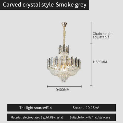 Smoke grey carved crystal chandelier with gold electroplated accents and k9 crystals for decorbites french bead chain decor