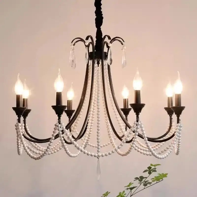 Elegant black e14 candle chandelier with wrought iron frame adorned with pearls and crystal droplets for living room decorbites black e14