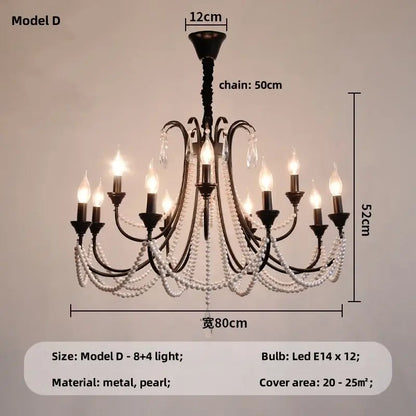 French black e14 candle chandelier with black metal frame, pearls, crystal droplets, and 8 plus 4 led lights decorbites black e14
