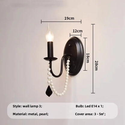 Black metal wall lamp with e14 candle chandelier and dangling white pearl beads for elegant living room decorbites black e14