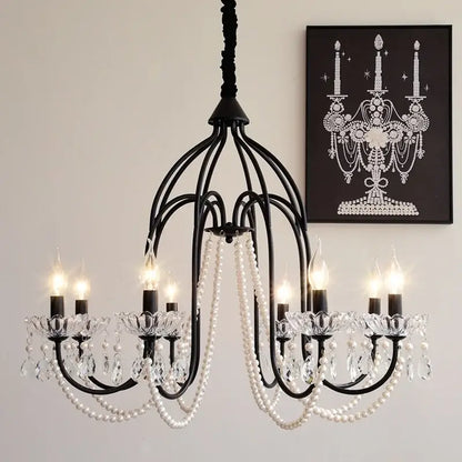Black e14 candle chandelier with wrought iron frame crystal accents and pearl strands for living room decorbites black e14