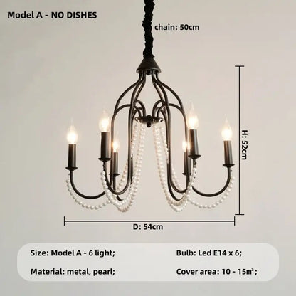 French black E14 candle chandelier with black metal frame and pearl crystal strands featuring six lit LED bulbs decorbites black E14