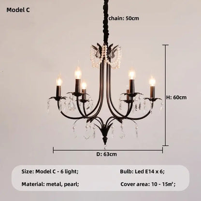French black e14 candle chandelier with crystal droplets and pearl accents for elegant living room decorbites black e14 light