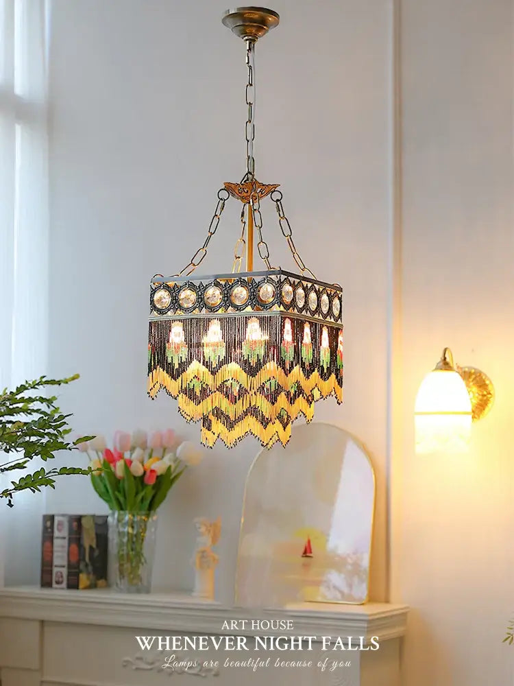 Vintage-style french brass crystal floral chandelier with amber green glass panels and yellow beaded fringe for dining room decorbites french brass