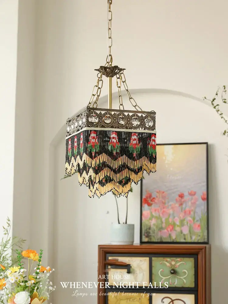 Antique french brass crystal floral chandelier with intricate black red and gold beaded fringe for dining room decorbites french brass