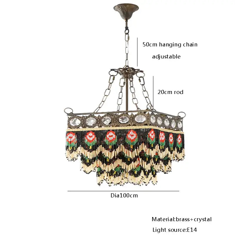 French brass crystal floral chandelier with ornate frame clear crystals and black cream red green beaded fringe decorbites french brass