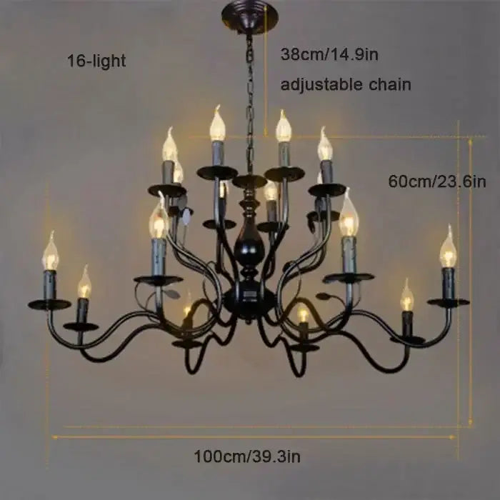 Black wrought iron french candle chandelier with 16 candle-style lights and adjustable chain for dining room decorbites french candle lighting