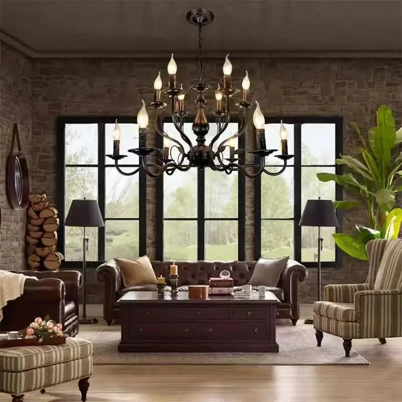 Black wrought iron french candle chandelier with multiple candle-style bulbs in antique bronze for dining room decorbites lighting