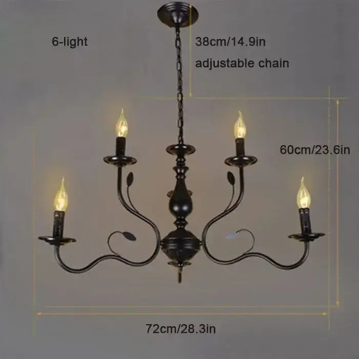 Black wrought iron french candle chandelier with six candle-style lights and adjustable chain for dining room decorbites french candle