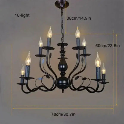 Black wrought iron french candle chandelier with ten candle-style lights and ornate leafy scrollwork in antique bronze