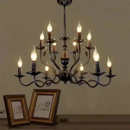 Antique bronze french candle chandelier with multiple candle-style bulbs and ornate curved arms for dining room lighting