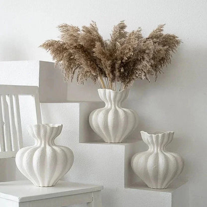 White ceramic vases with ribbed fluted designs and scalloped rims minimalist floral vessels for home decor gift