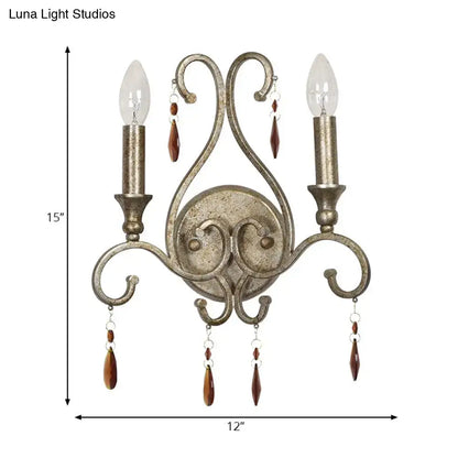 Antique silver wrought iron wall lamp aged silver with crystal deco amber beads for French country dining room