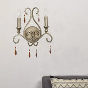 Antique aged silver wall lamp wrought iron with crystal deco and two candle bulbs for French country dining room