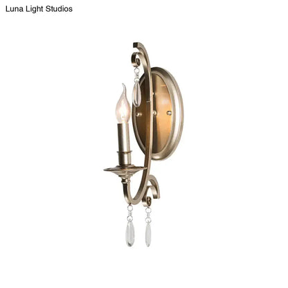 Antique brass finish sconce light with crystal teardrop pendants for french country style bedroom wall lamp