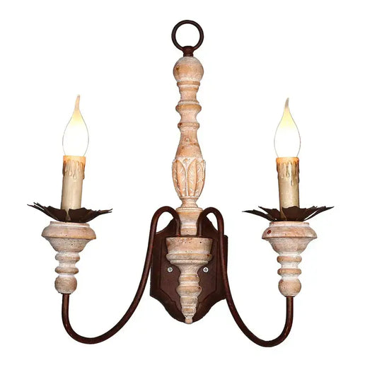 Antique retro two-light wall sconces with distressed white wood and dark metal accents for french country decor