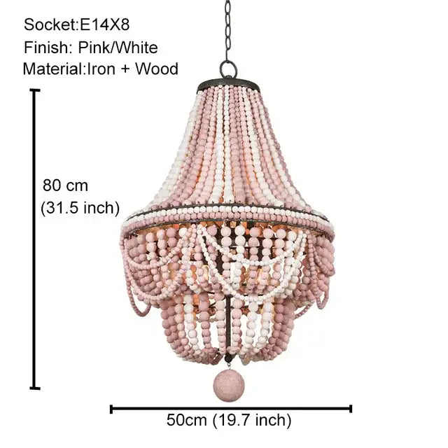 Delicate pink and white french country wood bead chandelier with iron and wood tiered design for bedroom or dining room