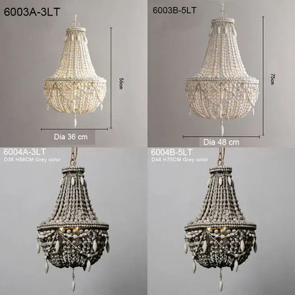 Beige and grey french country wood bead chandelier with intricate woven design for bedroom or dining room