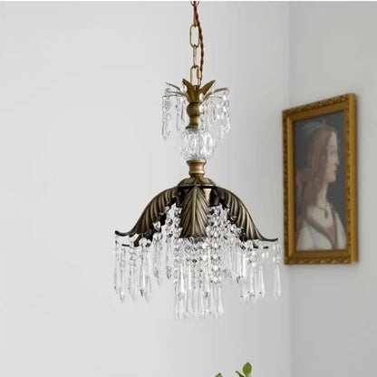 Antique brass french countryside pendant light with clear crystal droplets and leaf-shaped metalwork for bedroom decorbites french countryside