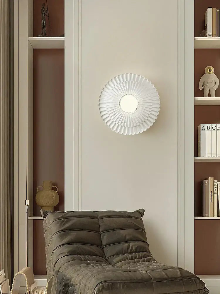 White circular wall lamp with fluted petal design decorbites french cream wind perfect for bedroom sconce decor
