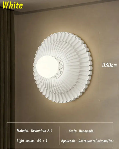 White circular wall lamp with fluted resin and iron art design decorbites french cream petal bedroom sconce
