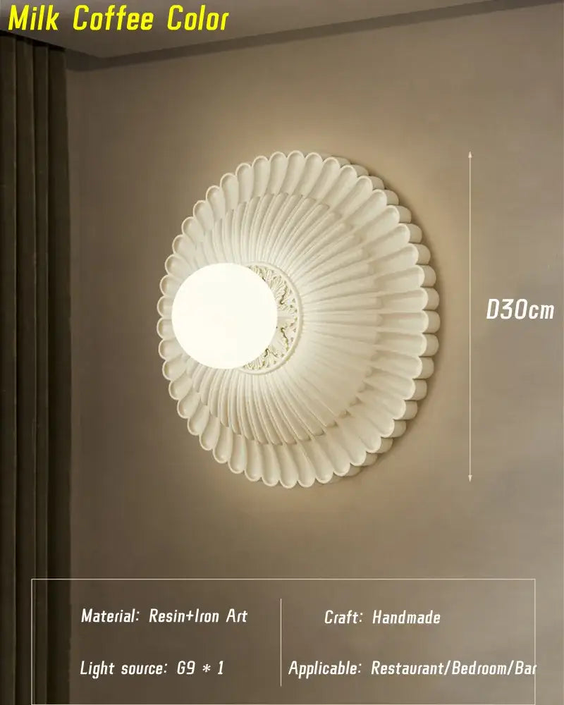 White handmade resin and iron wall lamp with scalloped petal design decorbites french cream bedroom sconce