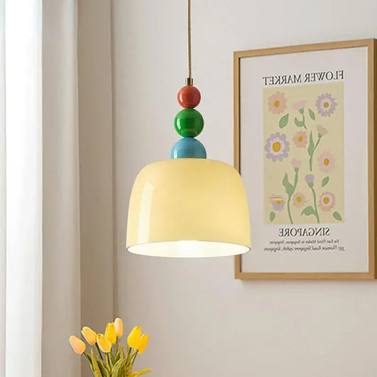 Pastel yellow ceramic pendant light with red green and blue beads in decorbites french cream style chandelier for bedroom
