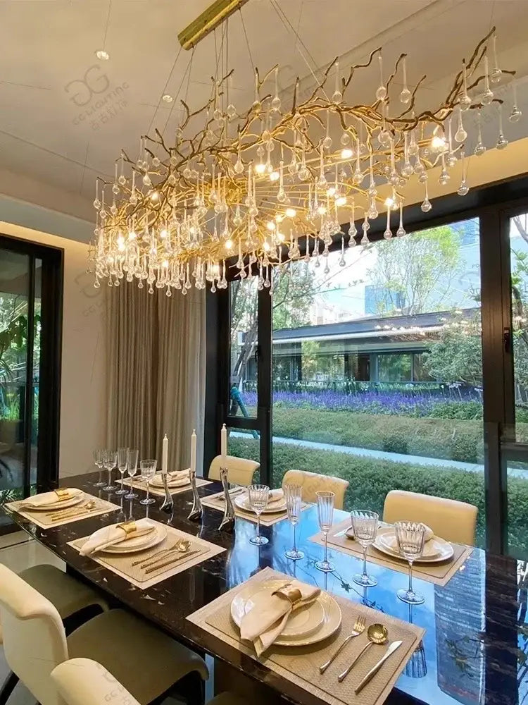 Golden branch-shaped french crystal chandelier with dangling droplets for dining room decorbites french crystal lighting