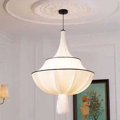 Elegant white fabric pendant light with black trim and tassel in decorbites creamy e27 foyer chandelier style