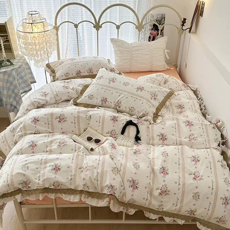 Cream-colored floral bedding set with double layer lace ruffles and delicate lace trim for elegant bedroom decor