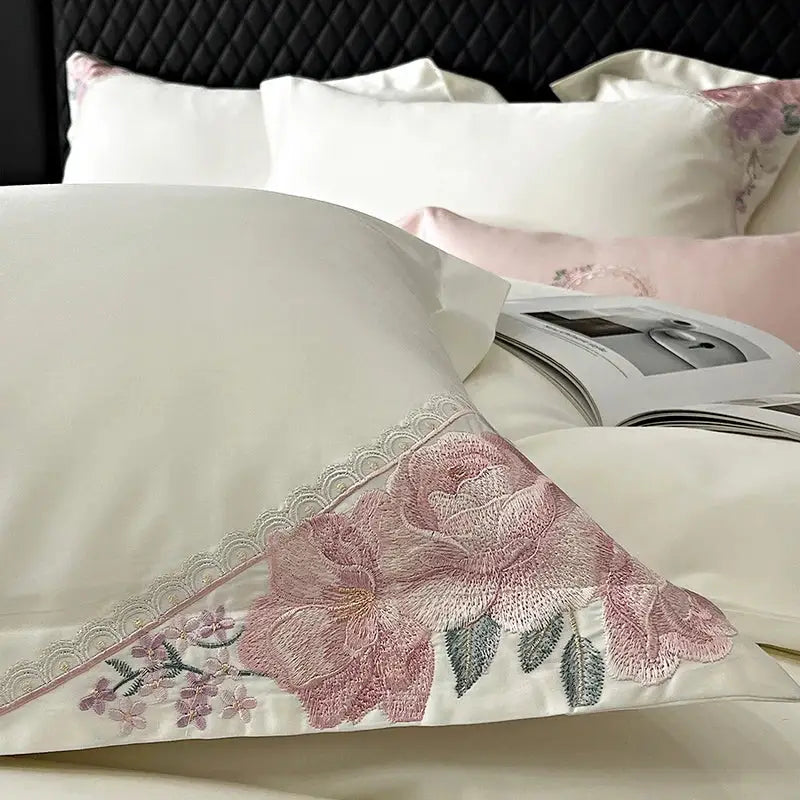 Ivory satin pillowcase with pink floral embroidery and scalloped lace trim from decorbites french flowers bedding set